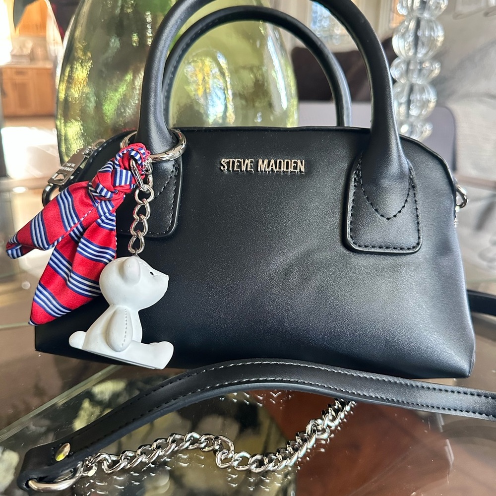 Steve Madden Black Mini Satchel with Chain Accent